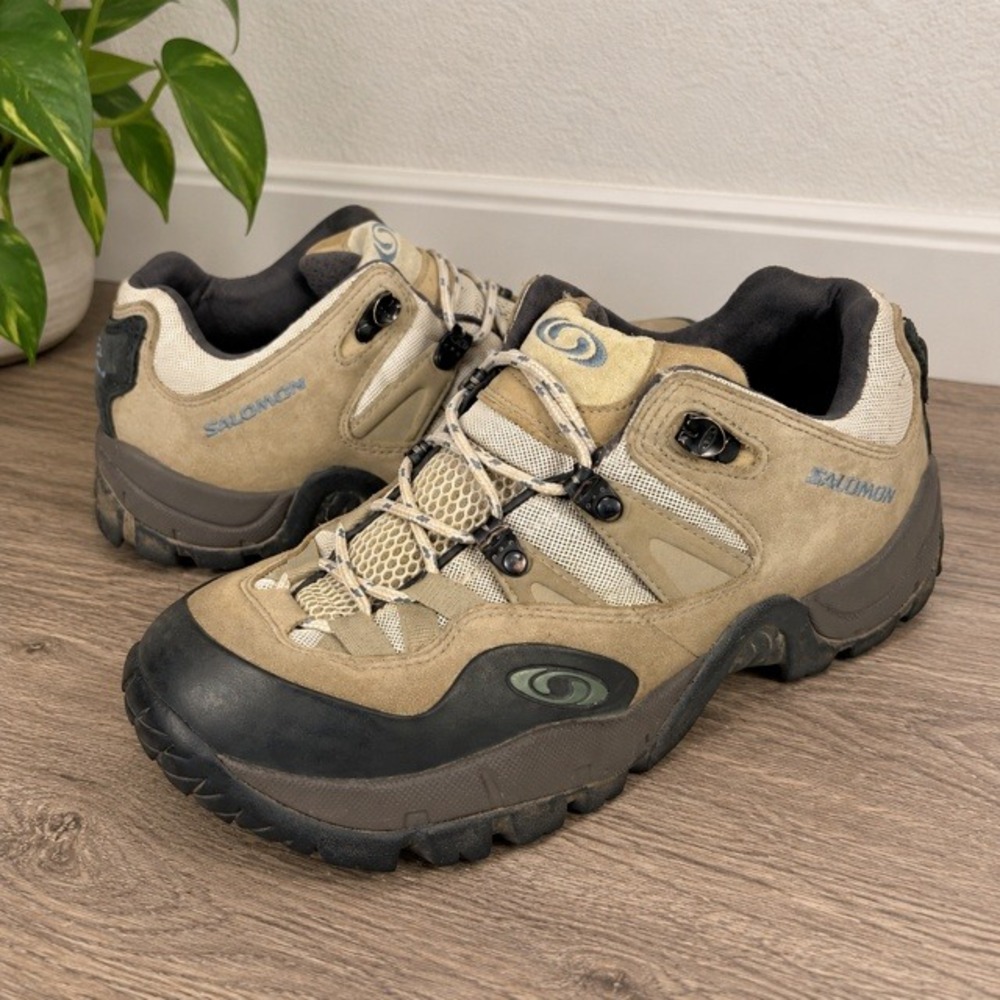 Vintage 2002 Salomon Contagrip Hiking Shoes Womens 9 Beige Black Y2K Trail